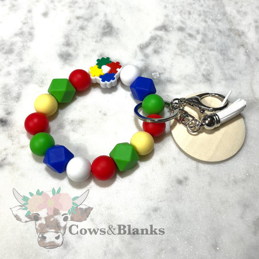 Autism Awareness Silicone Beaded Stretch Wristlet Bracelet Keychain with Wooden Disc