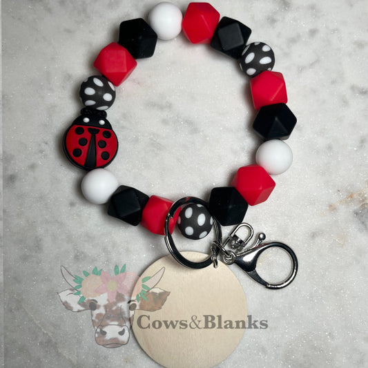 Ladybug Silicone Beaded Stretch Wristlet Bracelet Keychain with Wooden Disc