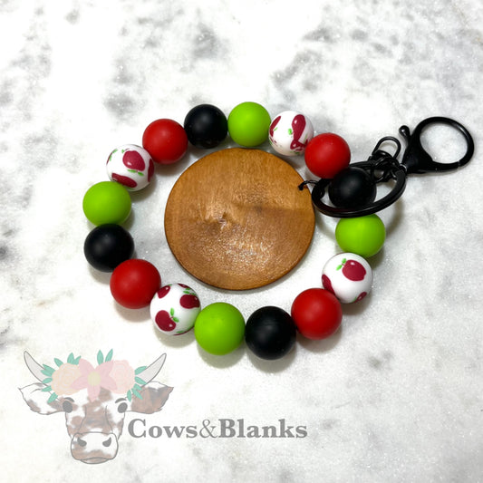 Teacher Apple Charm Silicone Beaded Stretch Wristlet Bracelet Keychain with Wooden Disc