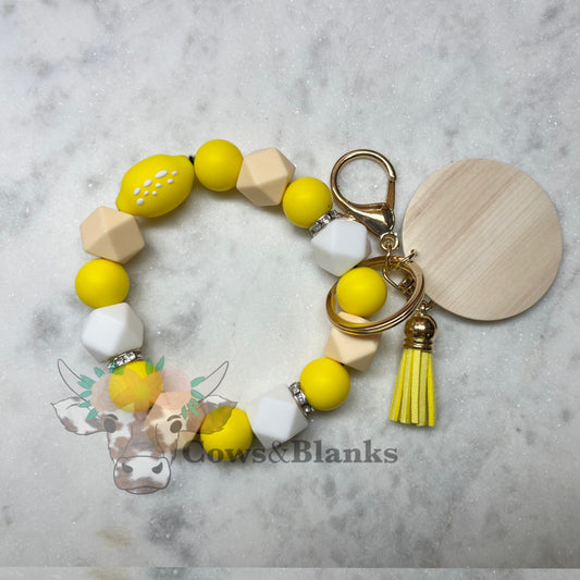 Lemon Silicone Beaded Stretch Wristlet Bracelet  Keychain with Wooden Disc and Tassel