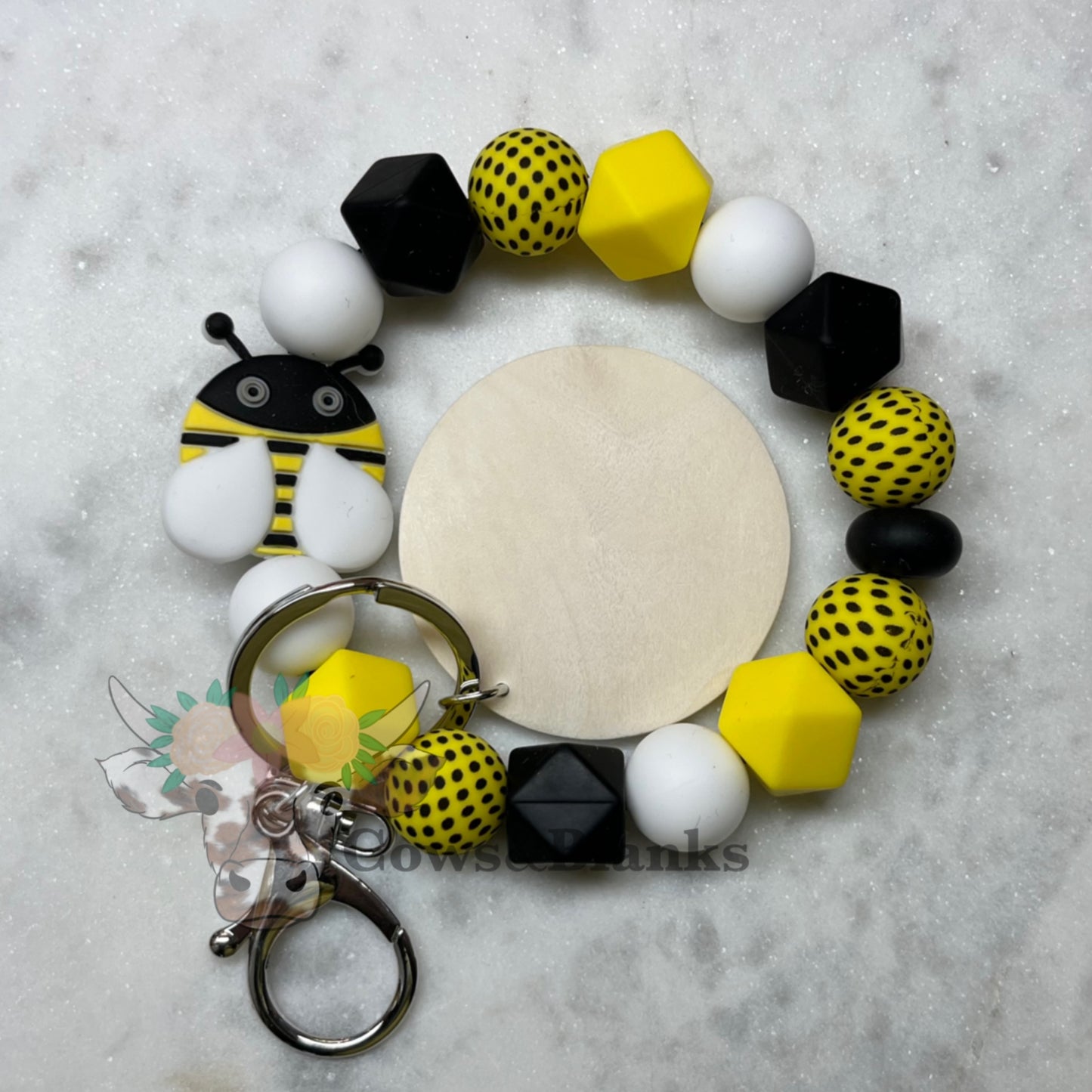 Bee: Bumble Bee Silicone Beaded Stretch Wristlet Bracelet  Keychain with Wooden Disc