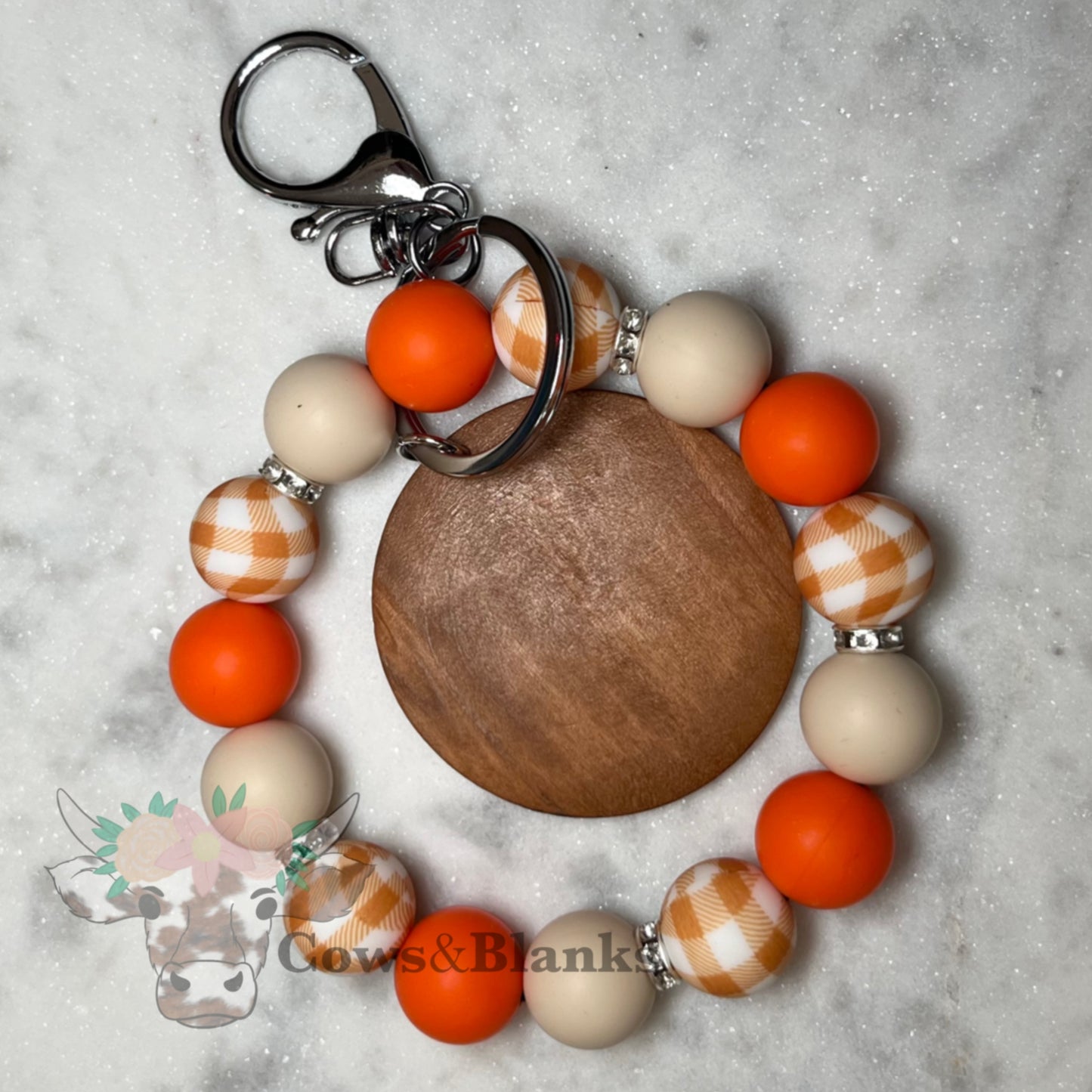 Autumn Orange Gingham, Solid Orange, and Solid Beige Accent Beaded Stretch Wristlet Bracelet Keychain with Wooden Disc Tennessee Orange