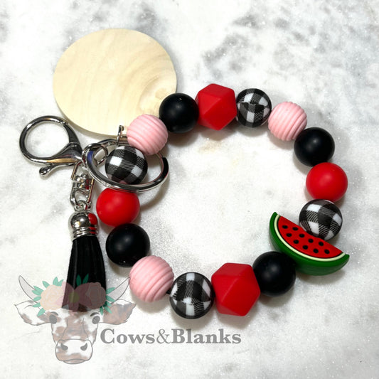 Watermelon Silicone Beaded Stretch Wristlet Bracelet  Keychain with Wooden Disc and Tassel