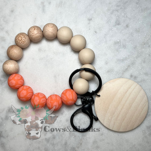 Daisy Engraved Wooden Bead with Coral Silicone Beads accepted with Daisies, and Solid Beige Silicone Bead Stretch Wristlet Bracelet  Keychain with Wooden Disc