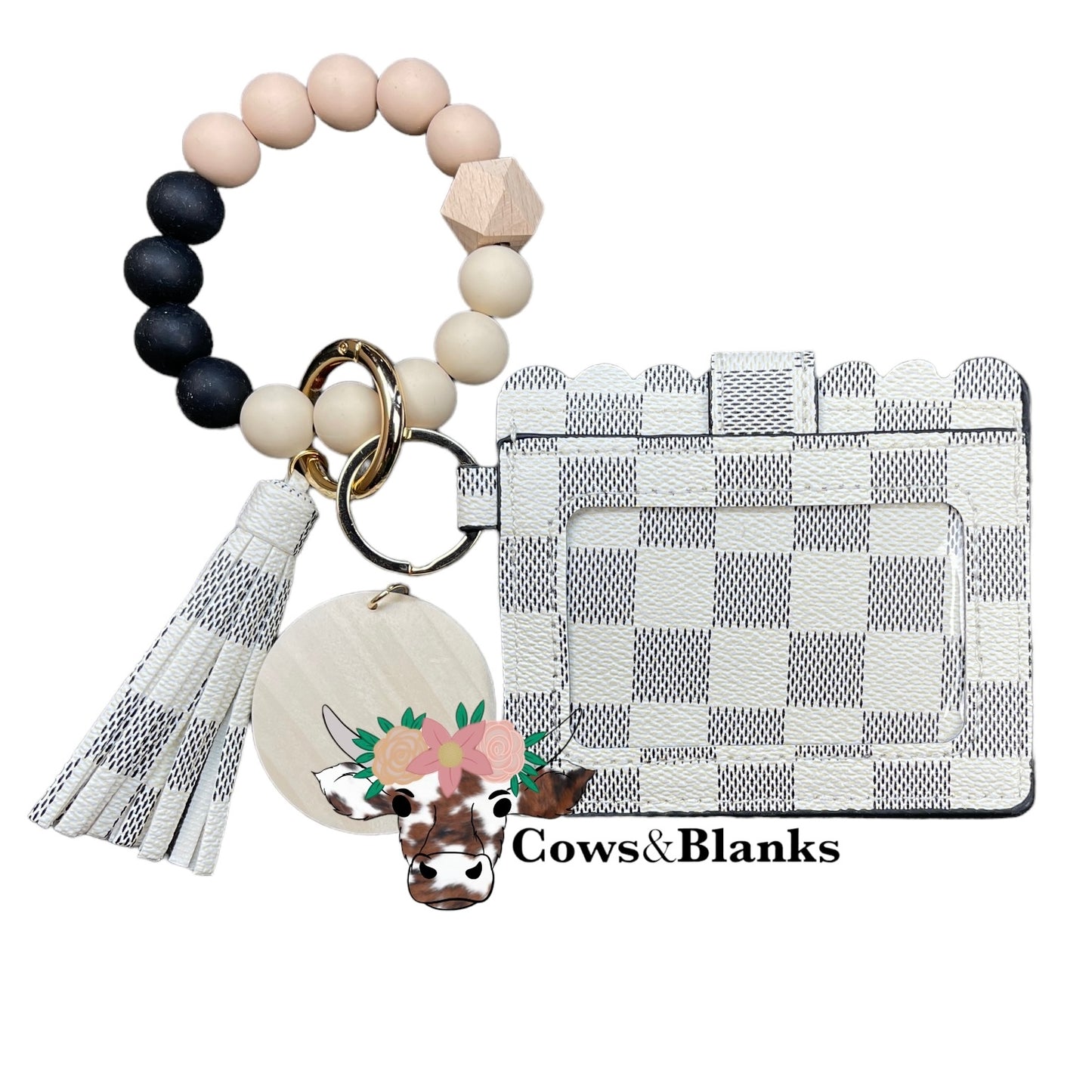 Wallet/Wristlet with Black and White Tweed-Style Checkered Cardholder with a Black, Tan, and Sand Colored Silicone Beaded Wristlet with a Wooden Accent Bead, Gold Hardware, Matching Tassel, and a Wooden Disc