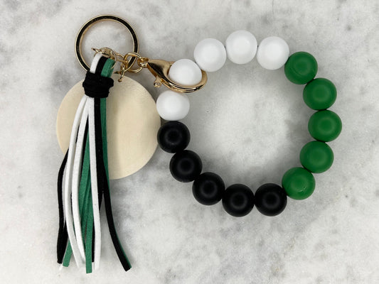 Trio: Black, White and Green Silicone Stretch Wristlet Bracelet Keychain with Wooden Disc and Tassel