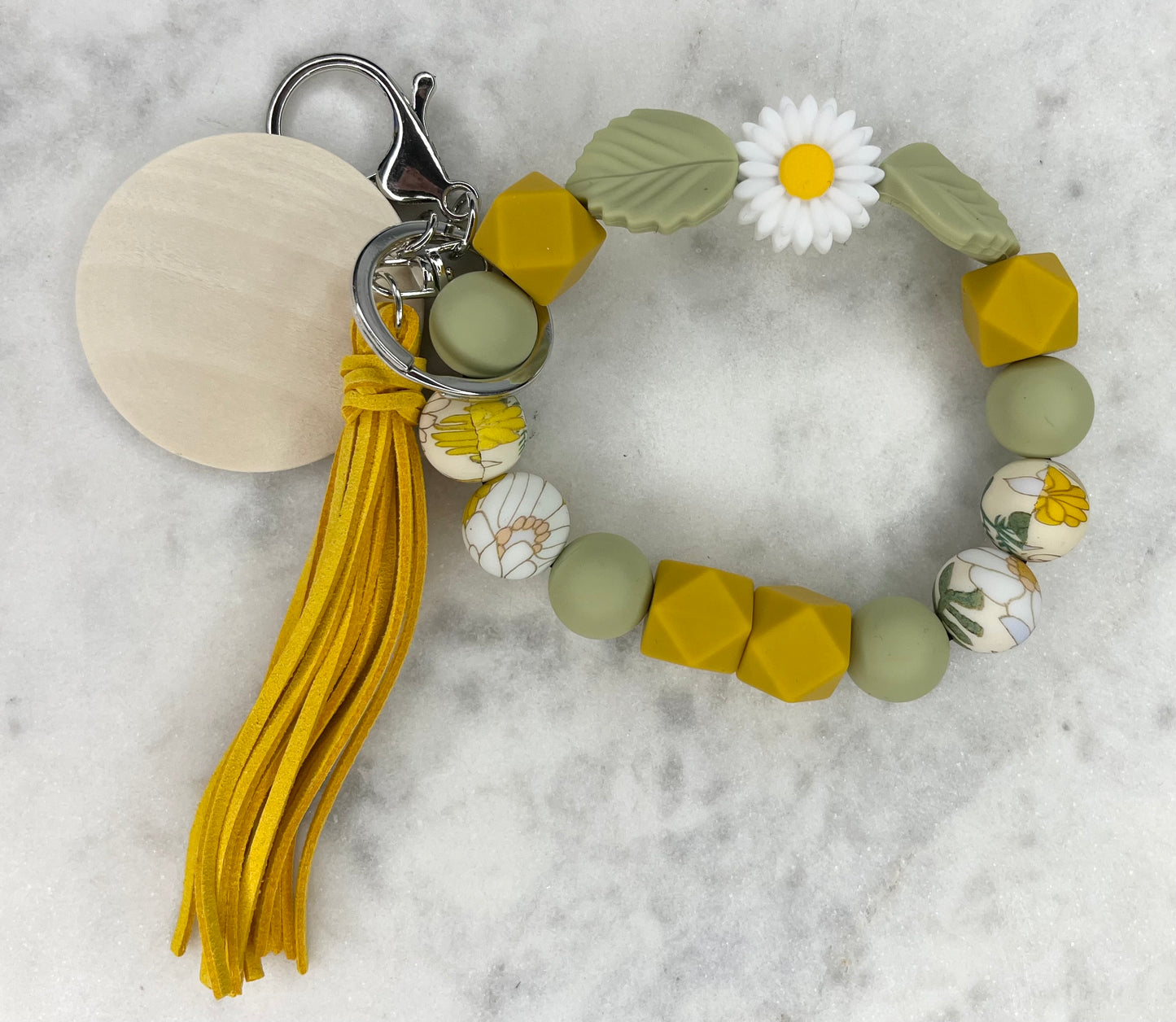 Daisy Beaded, Floral Silicone with Sage and Mustard Beads Stretch Wristlet Bracelet Keychain with Wooden Disc and Tassel