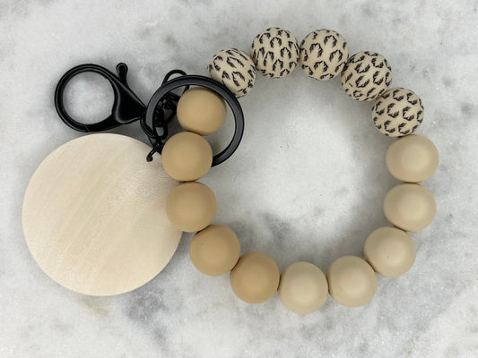 Antler and Cream Silicone Stretch Beaded Wristlet Bracelet Keychain with Wooden Disc