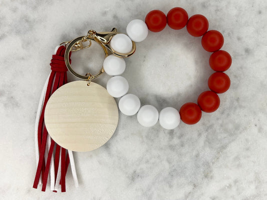 Yin and Yang Red and White Silicone Stretch Wristlet Bracelet Keychain with Wooden Disc and Red and White Tassel