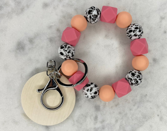 Cow Themed Bright Pink and Peach Silicone Stretch Wristlet Bracelet Keychain with Wooden Disc