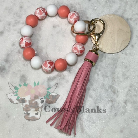 Hearts Accent Silicone Beaded Stretch Wristlet Bracelet Keychain with Wooden Disc and Tassel