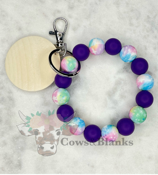 Celestial Galaxy Star Themed Colorful Silicone Stretch Wristlet Bracelet Keychain with Wooden Disc