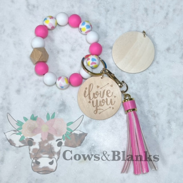 Springing Into Love Hearts Pink Silicone Beaded Stretch Wristlet Bracelet Keychain with Wooden Disc and Tassel