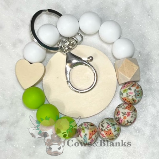 Owl Green/White/Floral Silicone Stretch Beaded Wristlet Bracelet Keychain with Wooden Disc