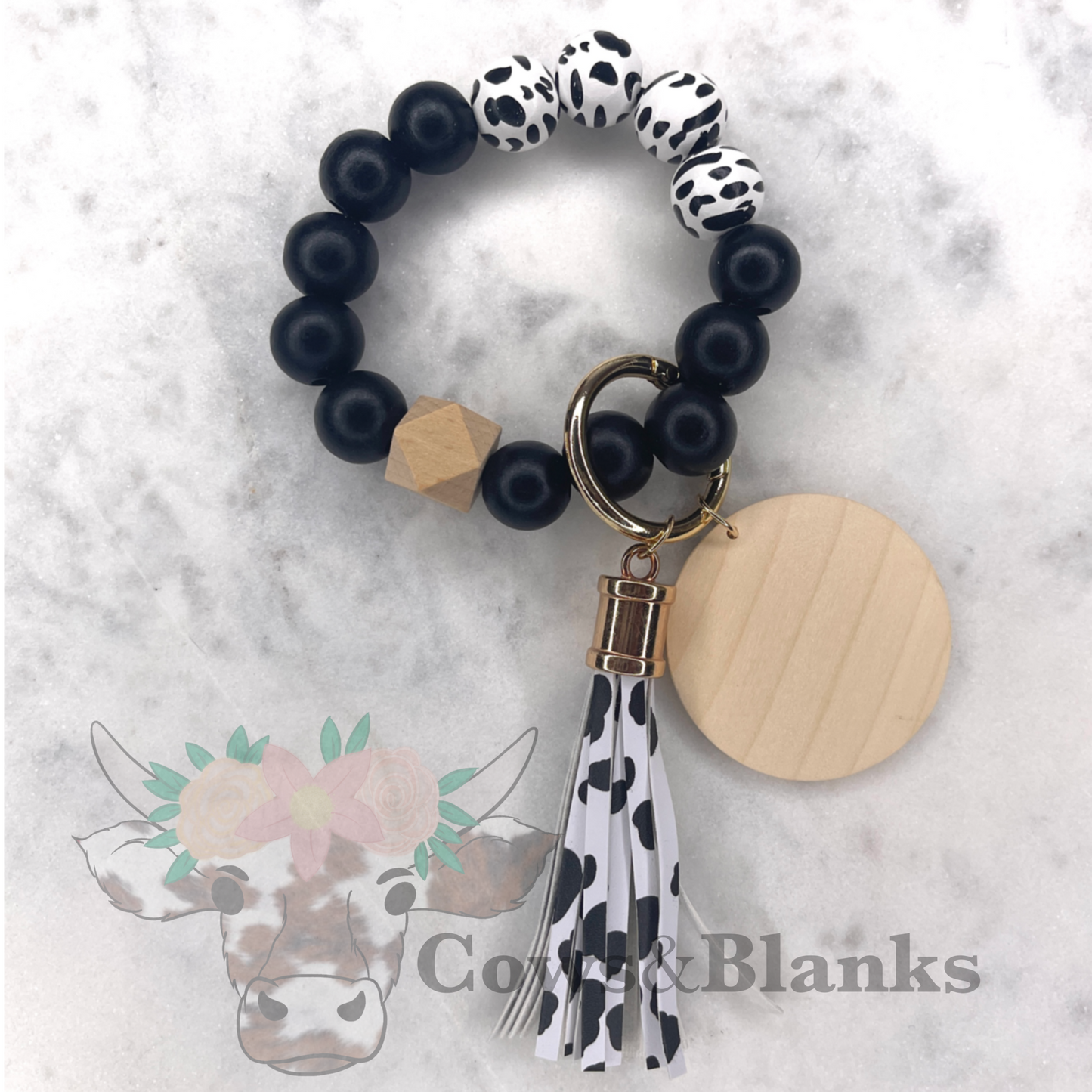 Cow Print Wooden Wristlet Bracelet Keychain with Wooden Disc and Tassel