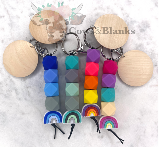 Rainbow Silicone Keychain with Wooden Disc