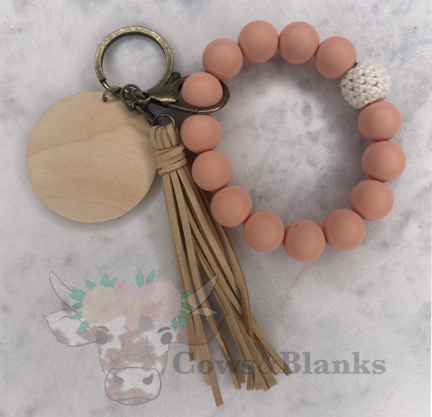 Beige and floral silicone beads keychain wristlet - Folksy