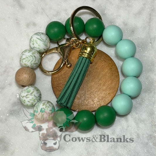 Sage Eucalyptus Silicone Stretch Wristlet Bracelet Keychain with Wooden Disc and Tassel