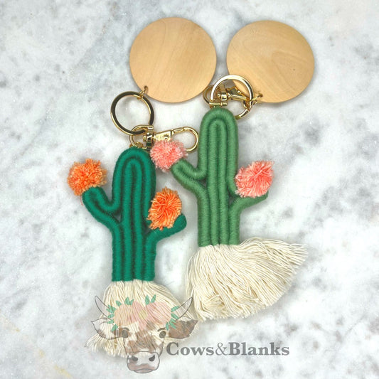 Cactus Bohemian Style Macrame Keychain with Wooden Disc