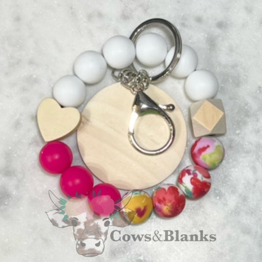 Floral, Hot Pink, & White Silicone Stretch Beaded Wristlet Bracelet Keychain with Wooden Disc and Heart Shaped Wooden Bead
