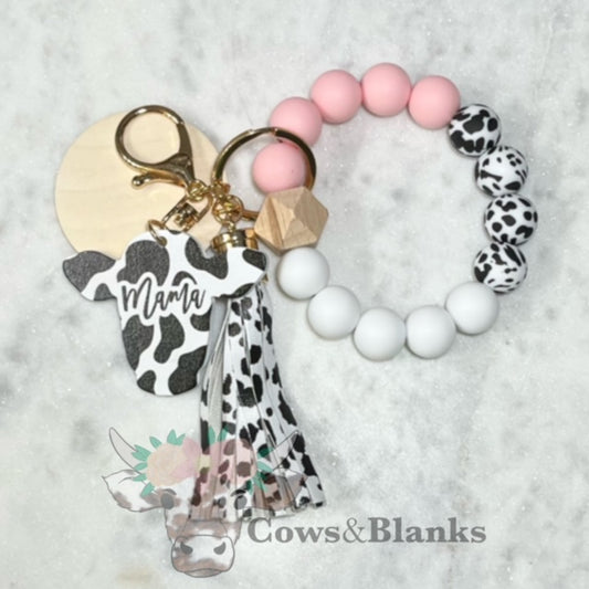 Mama Cow Charm Head and Silicone Beaded Stretch Wristlet Bracelet Keychain with Wooden Disc and Patterned Tassel