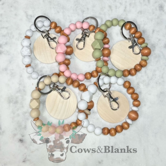 Bilayered Wood Beaded Stretch Wristlet Bracelet Keychain with Wooden Disc