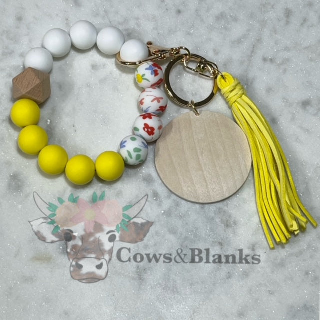 Yellow Sun Floral Silicone Stretch Beaded Wristlet Bracelet Keychain with Wooden Disc and Tassel