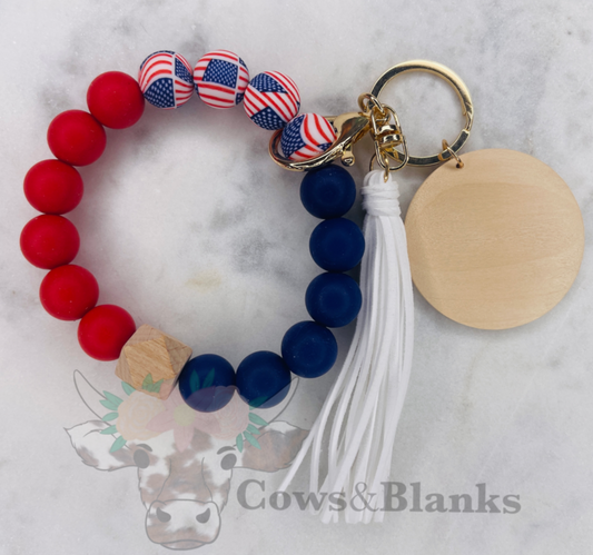 American Flag Beaded Silicone Wristlet Bracelet Keychain