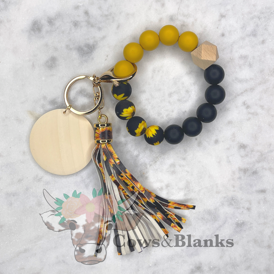 Sunflower Floral Silicone Beaded Stretch Wristlet Bracelet Keychain with Wooden Disc and Sunflower Tassel