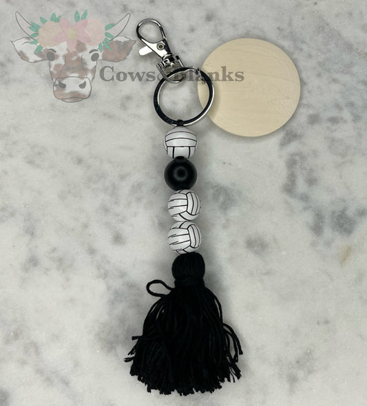 Sports: Volleyball Wooden Tassel Keychain with Wooden Disc