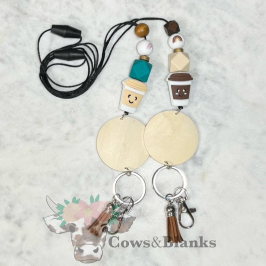 COFFEE LOVER SILICONE AND WOODEN BEAD BREAKAWAY TEACHER LANYARD ID BADGE HOLDER WITH TASSEL ANE DISC