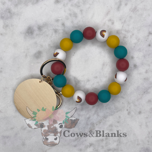 Boho With Rainbow Beads Warm Tones Silicone Stretch Wristlet Bracelet Keychain with Wooden Disc