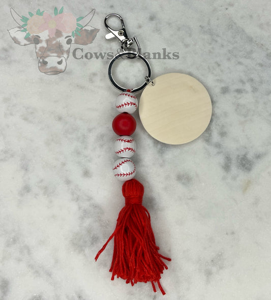 Baseball Wooden Tassel Keychain with Wooden Disc