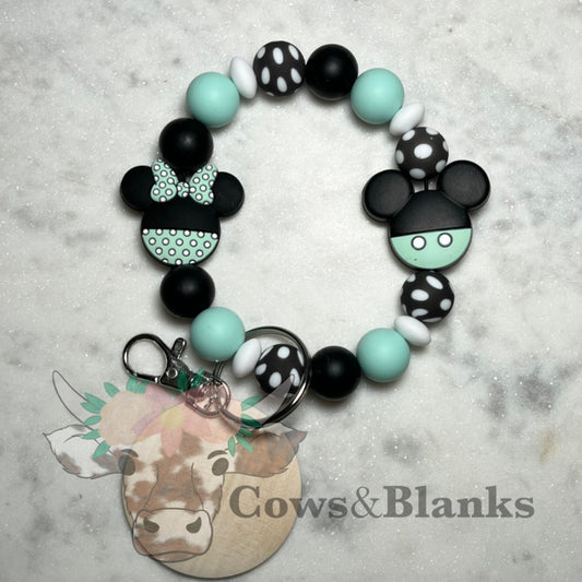 Minnie and Mickey Mouse Teal Charm Silicone Beaded Stretch Wristlet Bracelet Keychain with Wooden Disc