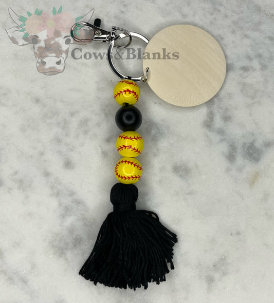 Sports: Softball Wooden Tassel Keychain with Wooden Disc