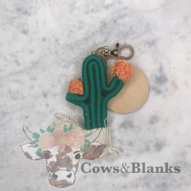 Cactus Bohemian Style Macrame Keychain with Wooden Disc