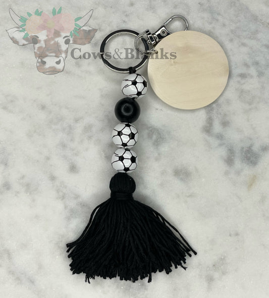 Sports: Soccer Time! Wooden Tassel Keychain with Wooden Disc