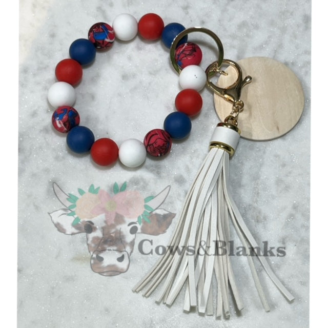 Spider Man Silicone Beaded Stretch Wristlet Bracelet Keychain with Wooden Disc and Tassel