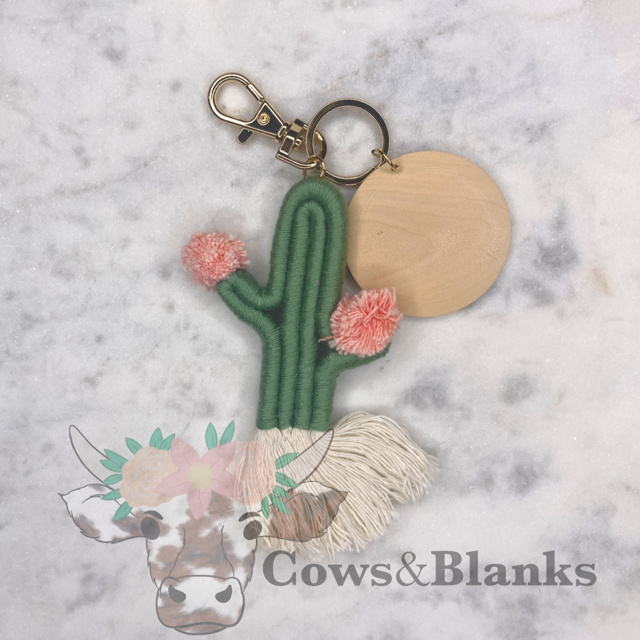 Cactus Bohemian Style Macrame Keychain with Wooden Disc