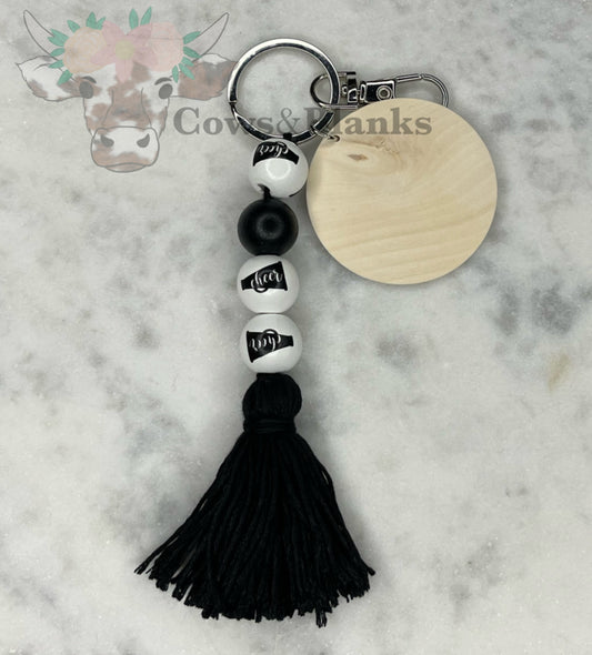 Cheer Wooden Tassel Keychain with Wooden Disc