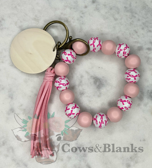 Save the TaTas. Breast Cancer Awareness, , Save the Boobies Wooden Stretch Wristlet Bracelet Keychain with Wooden Disc and Tassel