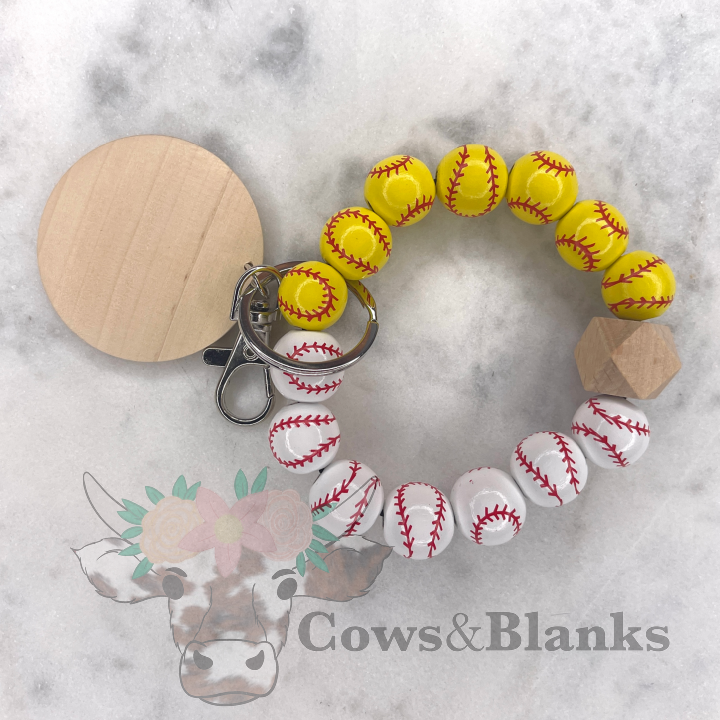 Baseball/Softball Combo Wooden Wristlet Bracelet Keychain