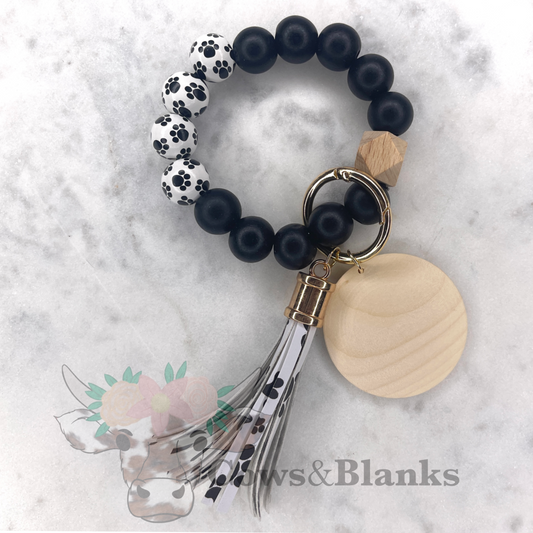 Paw Print Wooden Wristlet Bracelet Keychain with Wooden Disk and Paw Print Tassel