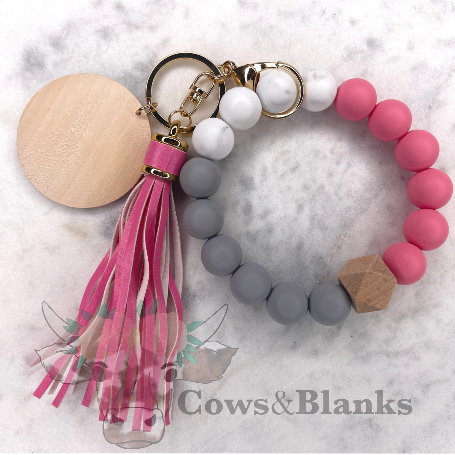 Gray Marbled Silicone Wristlet Bracelet Keychain with Wooden Disc and Tassel