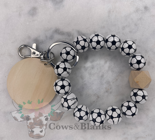 Soccer Balls Wooden Wristlet Bracelet Keychain