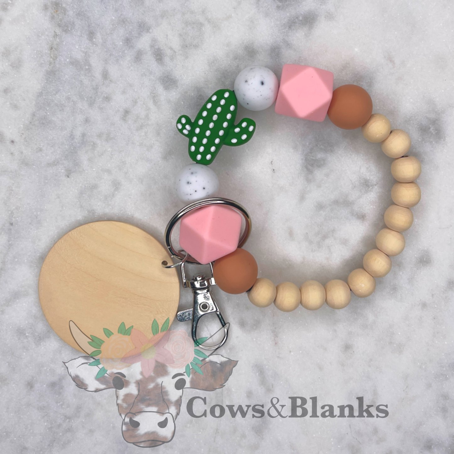 Cactus Shaped Pendent and Wooden Beaded Stretch Wristlet Bracelet Keychain with Wooden Disc