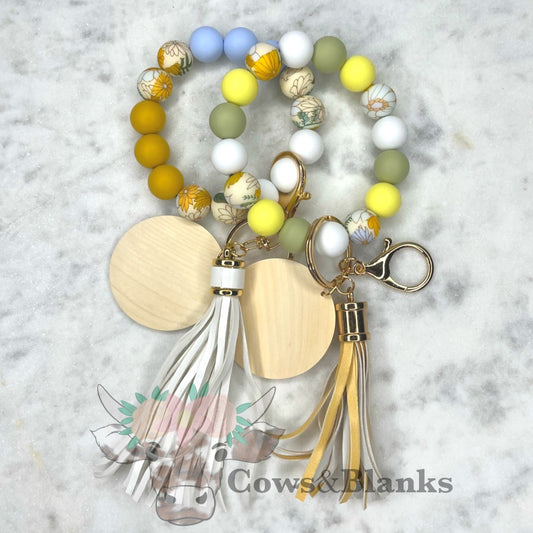 Floral Silicone Stretch Wristlet Bracelet Keychain with Wooden Disc and Tassel